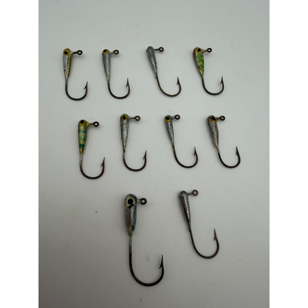 Handmade Fishing Jig Heads Lot of 10 Silver Green Glitter Painted Eye B150
